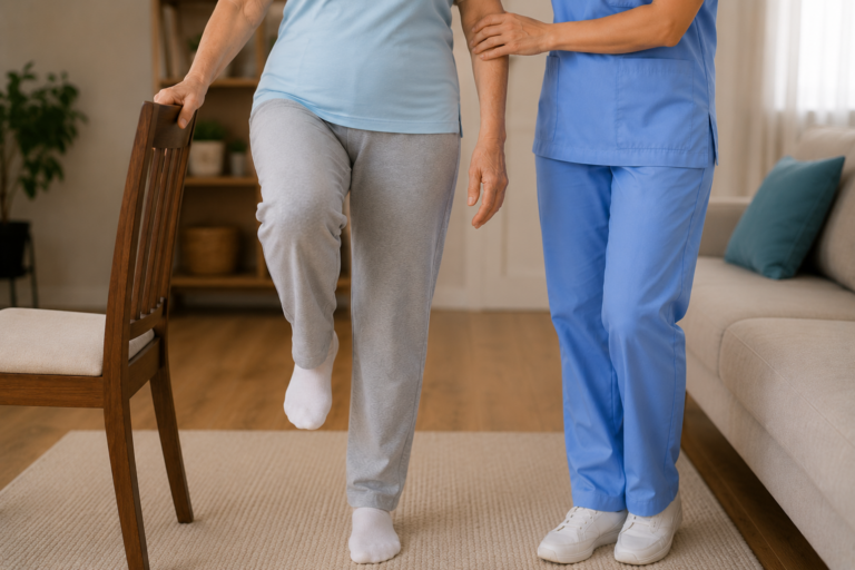 Gleichgewichtstraining mit leichter Unterstützung durch die Physiotherapeutin oder einen Stuhl